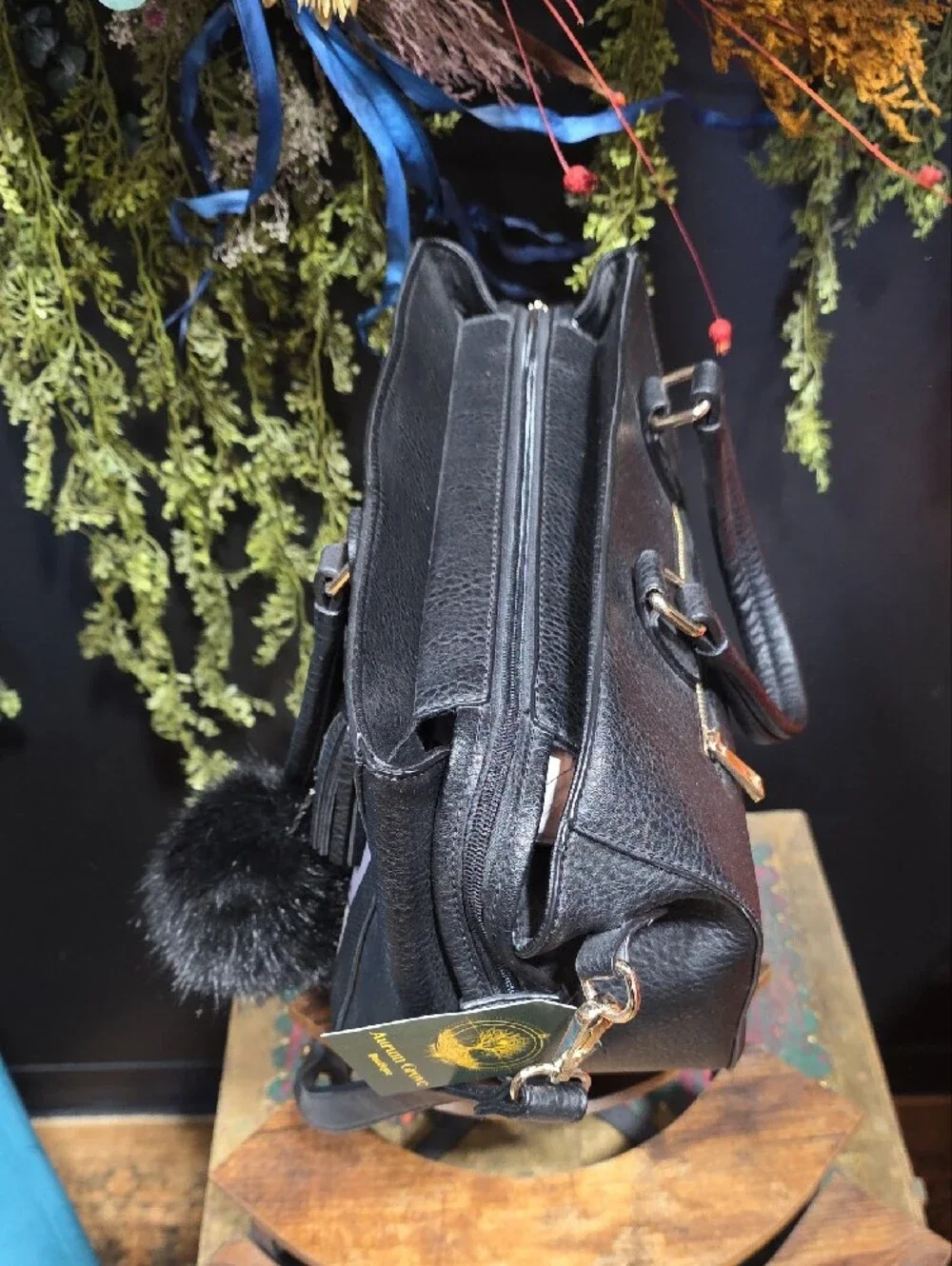 Black Geometric Panel Shoulder Bag with Pom Accent